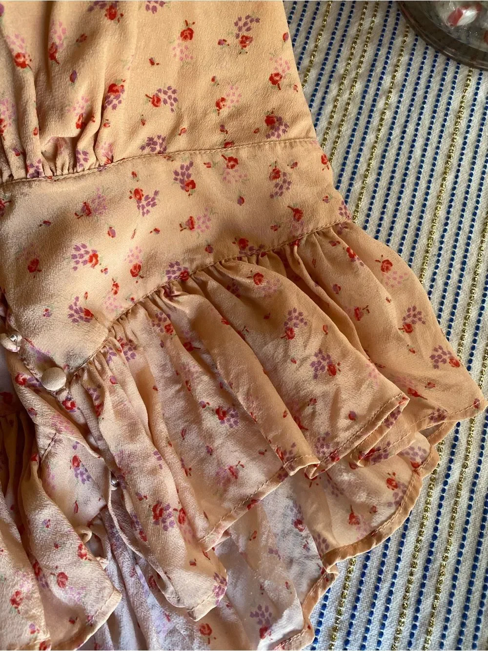 LoveShackFancy Peach Floral V‑Neck Peplum Blouse Silk Sz M